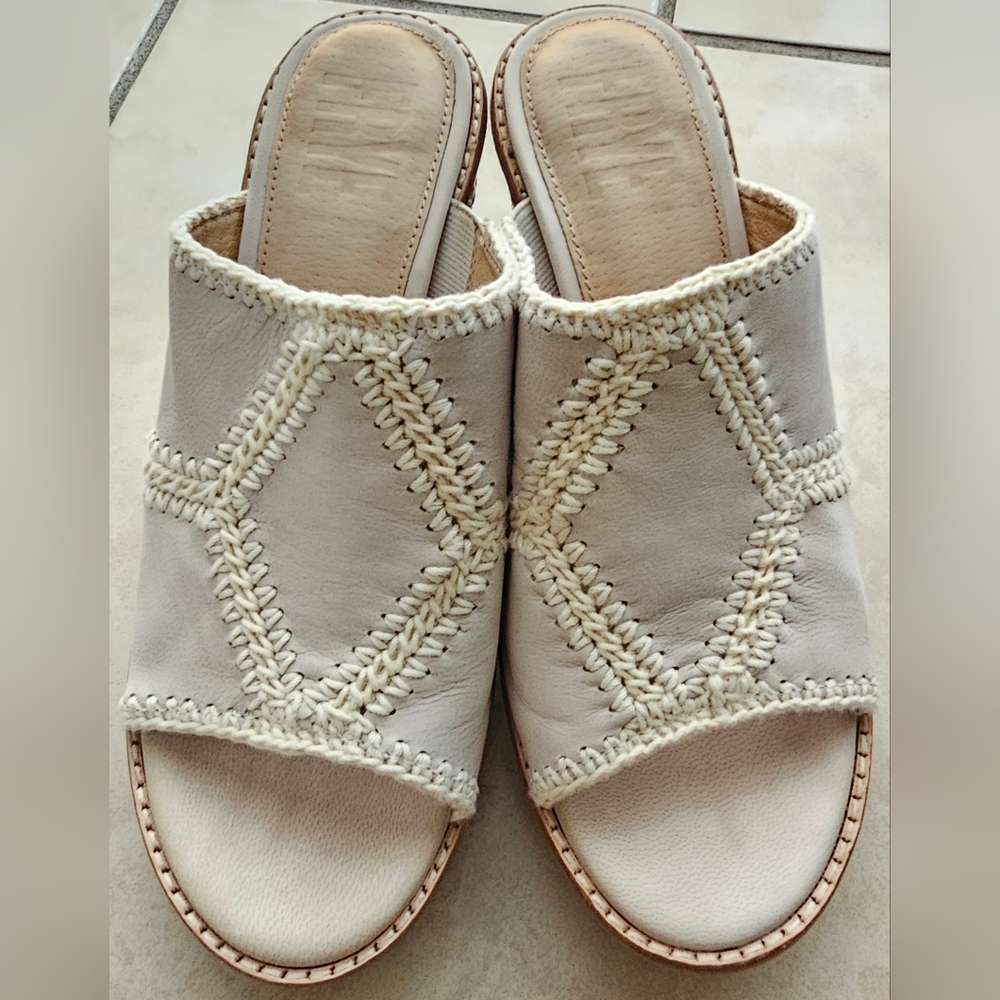 Frye Women's Pipa Crochet Platform Open Toe Slip-on Sandals Ivory Size 7